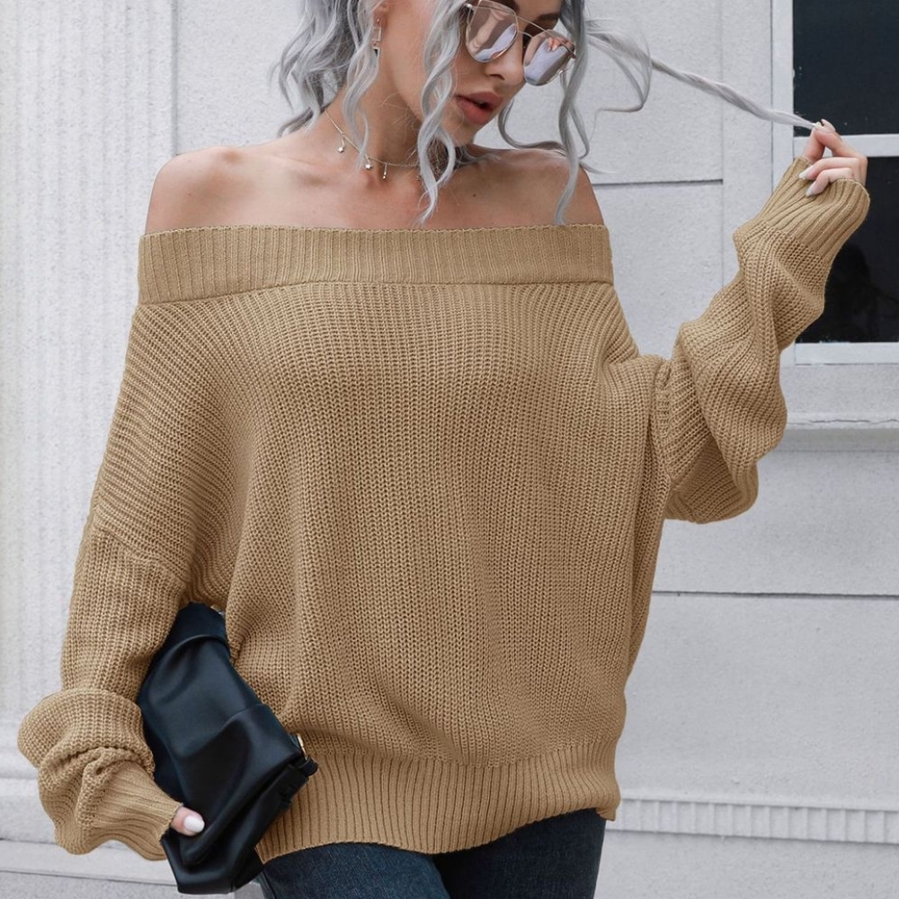Off-Shoulder Comfort Ribbed Sweater - Tan - Picture 4 of 4